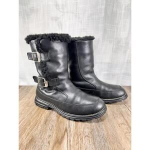 UGG Black Leather Shearling Fur Waterproof Winter Boots Cozy Cabin Soft Size 7
